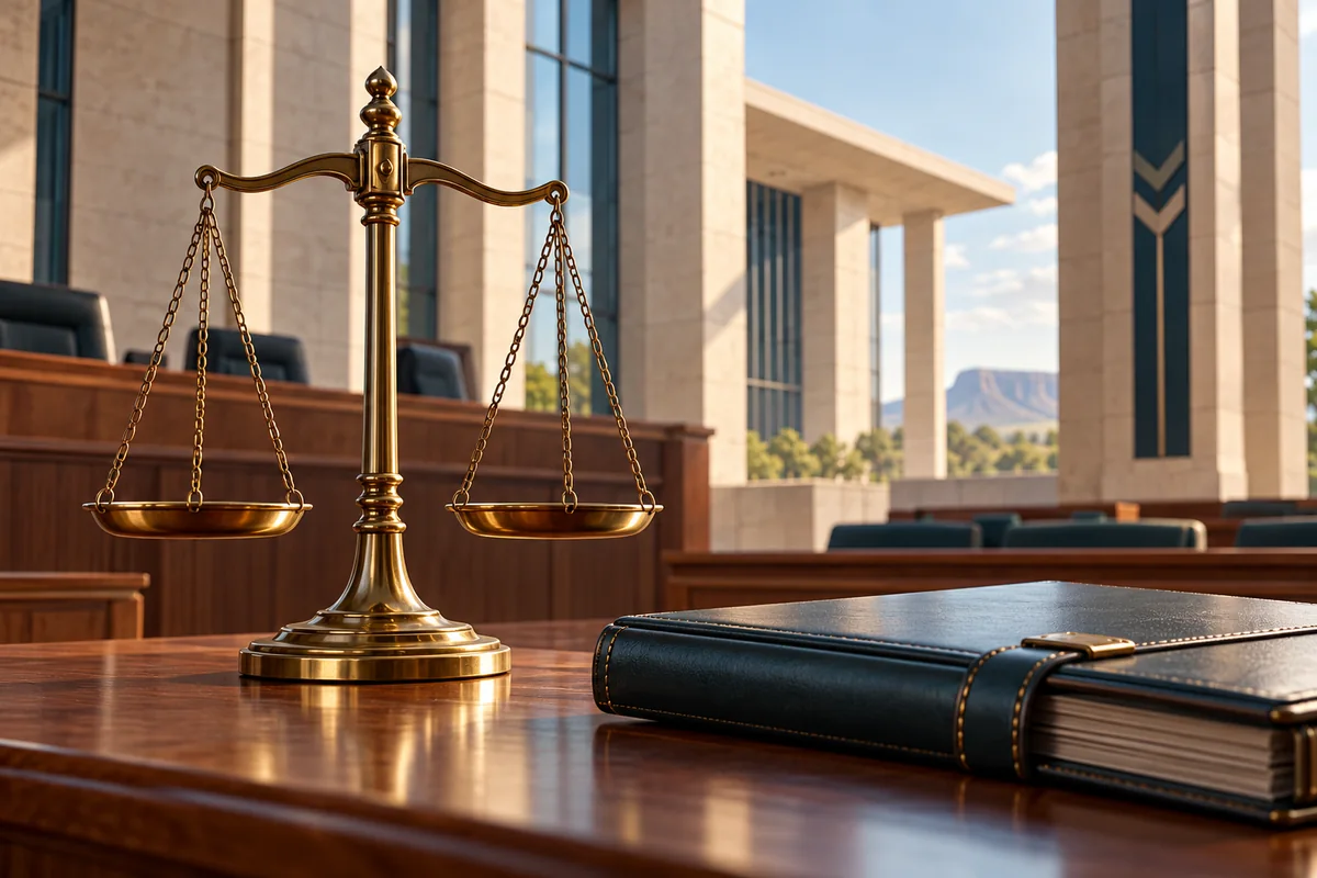 Editorial illustration of justice scales and a legal folio for a Botswana court story