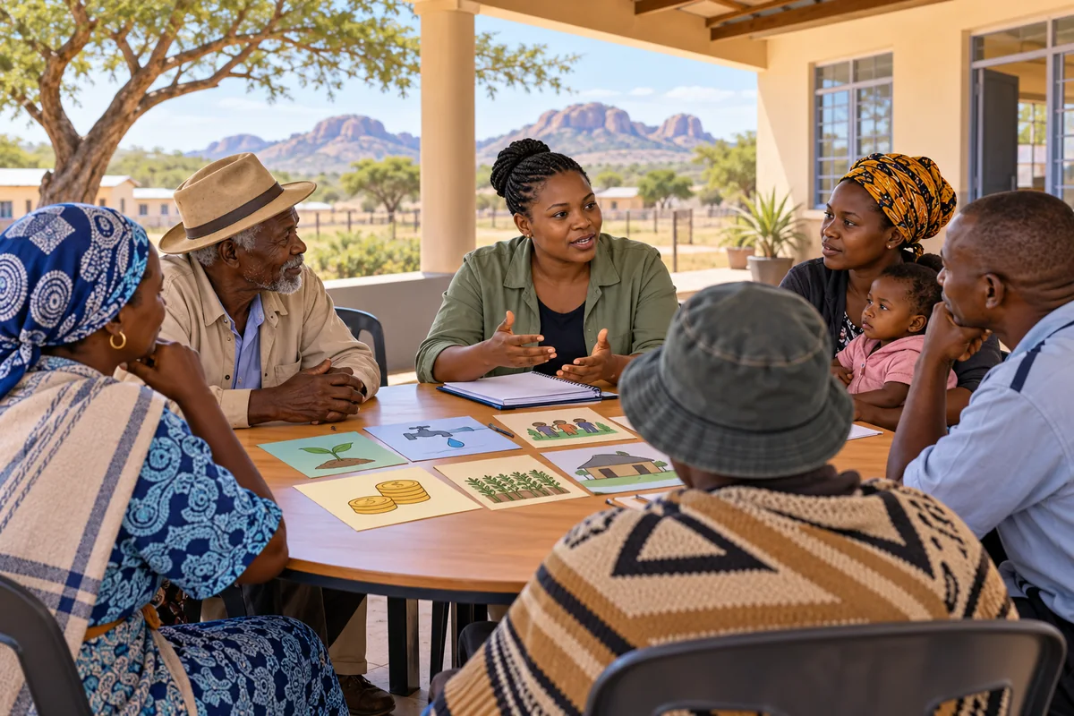 Editorial illustration of a community consultation about social support in Botswana